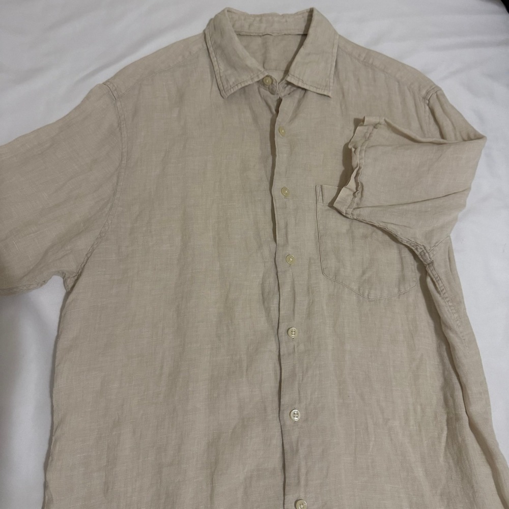 Armi Mens Beige Linen‎ Short Sleeve Button Down Shirt Tan Pocket Size Large